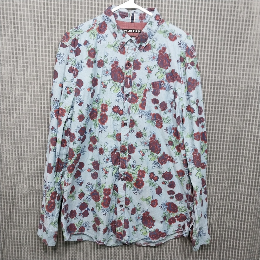 Raw Yarn Industries Button Down Mens Slim Fit Floral Rose Print XL Blue Red